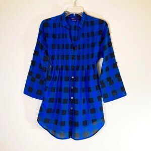 Miley Cyrus & Max Azria Blouse Shirt Plaid Blue & Black Adjustable Sleeve SZ XL